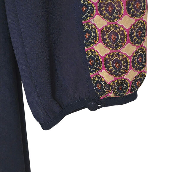 Anthropologie Maeve Peasant Patchwork Print Boho Dress Mini Navy Blue Red Tan XS - Picture 11 of 16